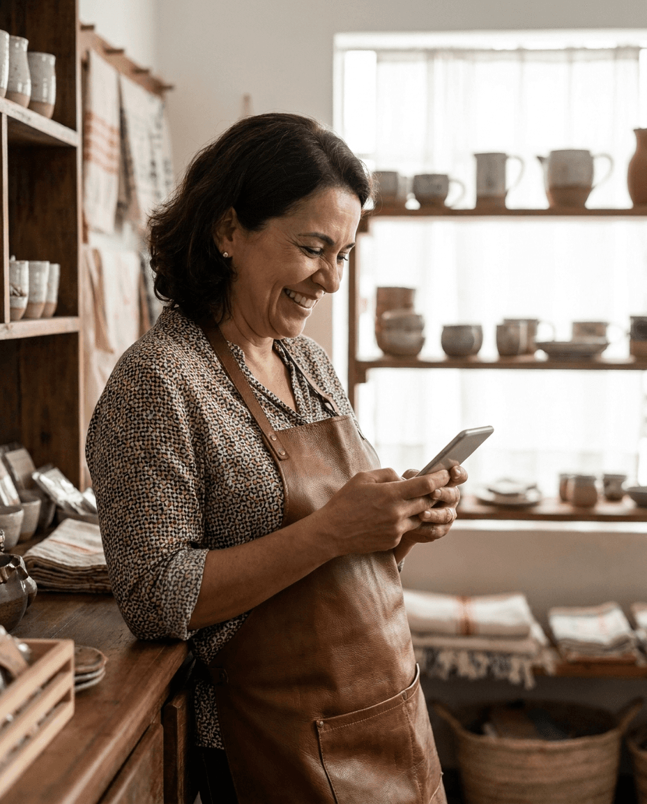 Dona de negócio usando o site pelo celular
